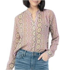 KUT From The Kloth Jasmine Albi Stripe Rose Chiffon Top sz S Roll Tab Sleeve